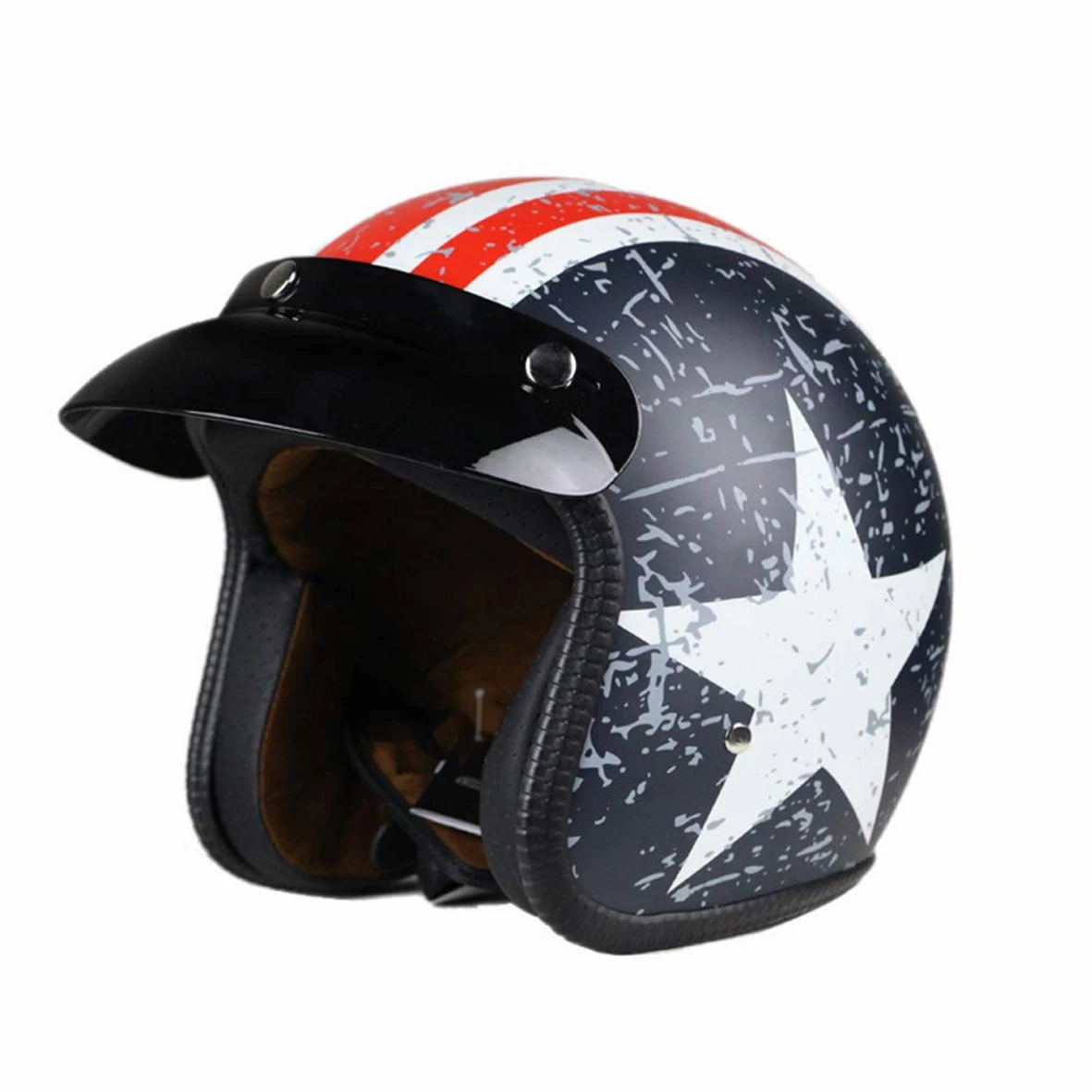 retro look comfortable interior 3/4 Open Face  Motorcycle Helmet Flat with Rebel Star Graphic