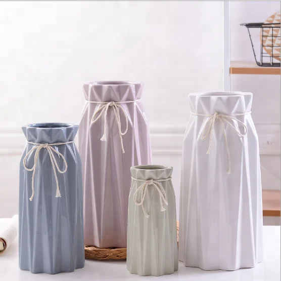 Origami ceramic vase floral four-color pink gray blue green white with twine