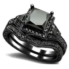 Size 5 11 Black Rhodium Princess Cut Wedding Engagement Ring Set Propose Statement Bridal Halo Cocktail