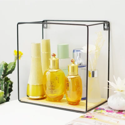 Factory direct black metal wire square wall mounted storage shelf rack with wood