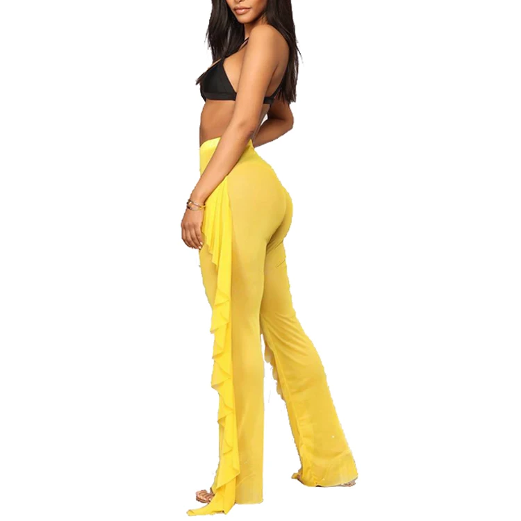 LDDRESS New Sexy Ruffle Women Beach Mesh Pants Sheer Wide Leg Pants Transparent Long Beach Cover Up Bikini Trousers
