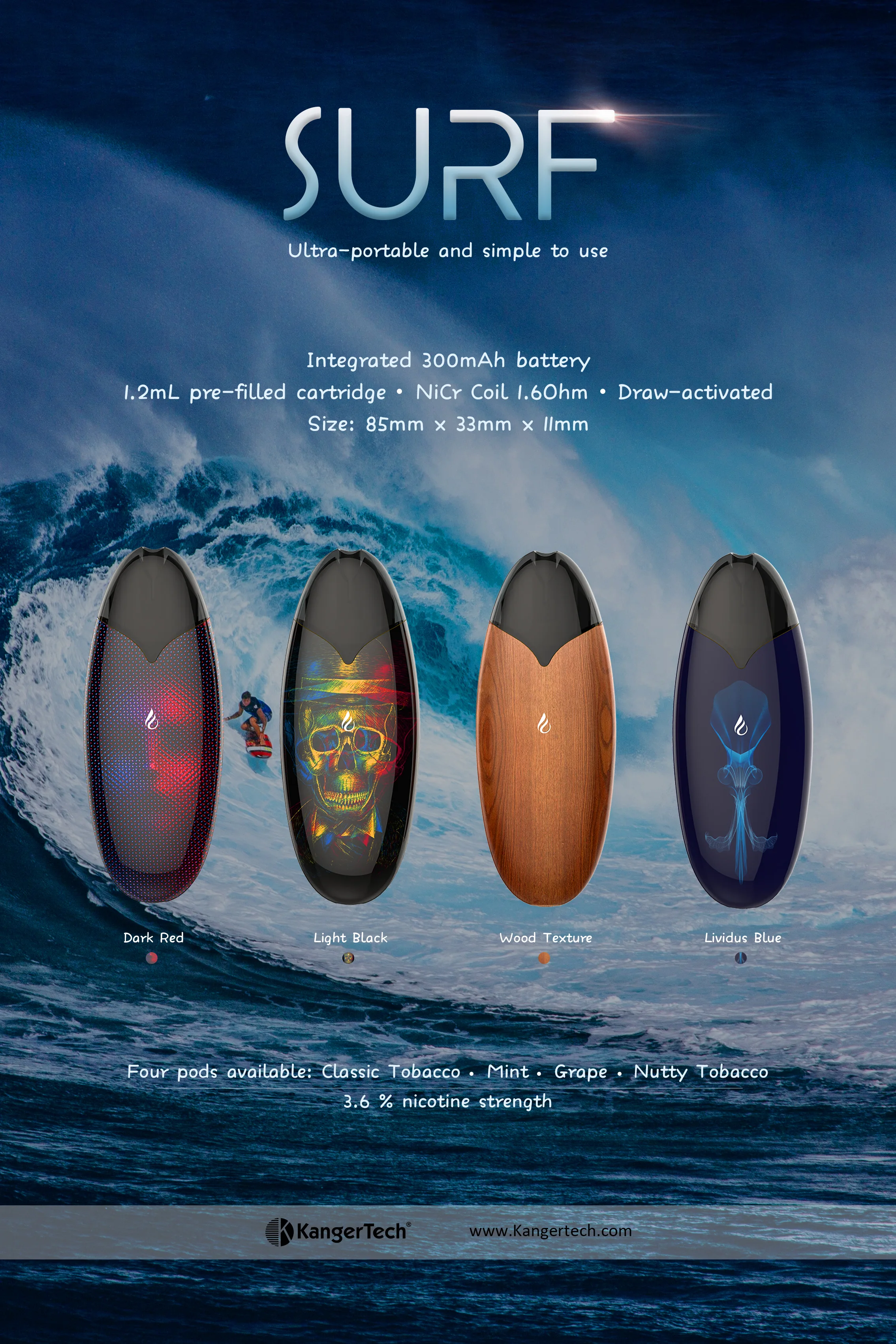 Новые продукты, встроенный картридж Kangertech для серфинга с батареей 300 мАч, предварительно заполненный картридж 1,2 мл