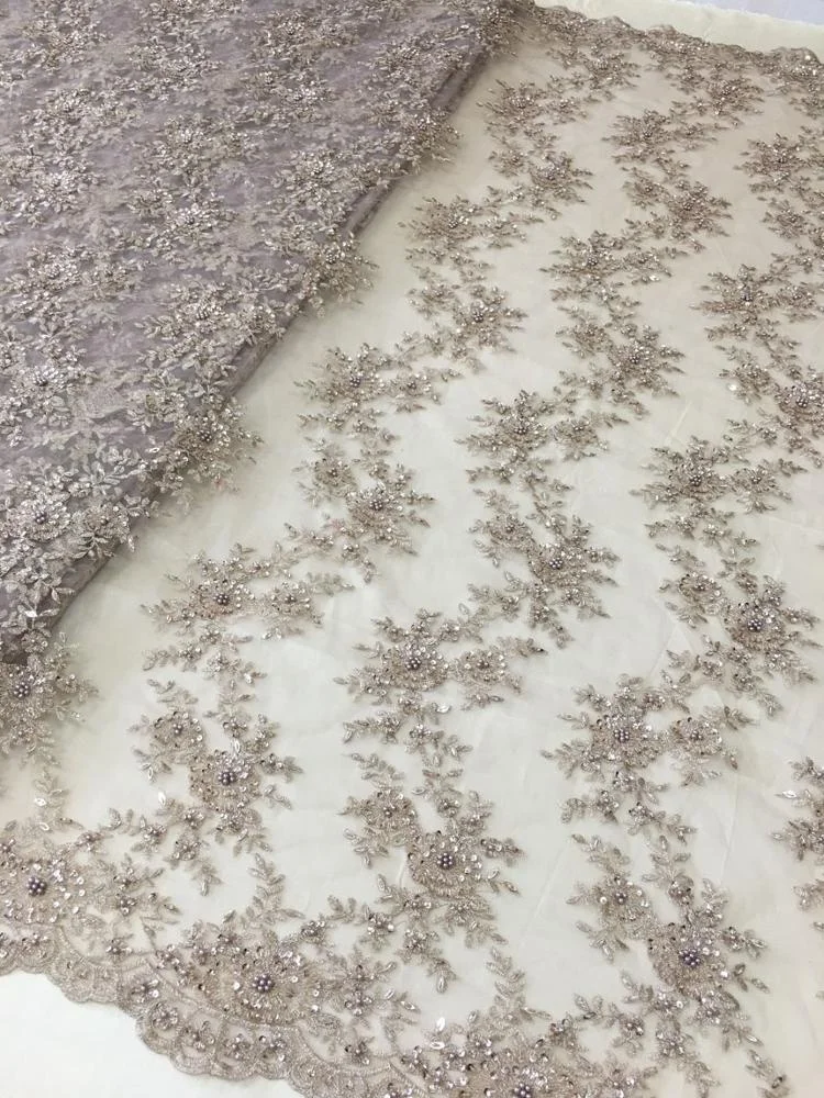latest allover hand beaded sequin lace fabric metallic embroidery designs for dress, high quality beaded lace fabric embroidery
