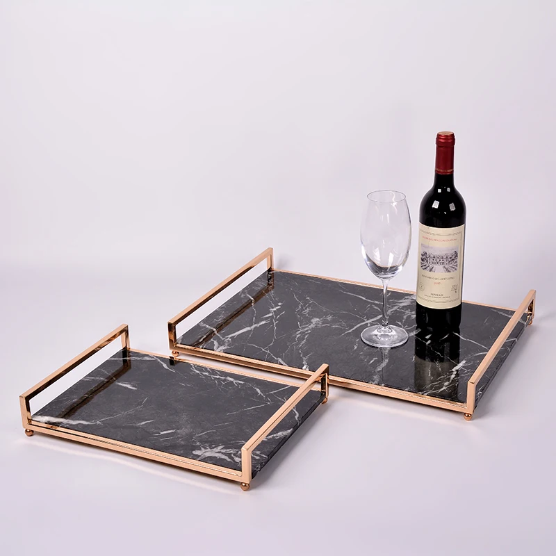 Chinoiseri marble tray gold handles tea food fruit wine glass serving tray