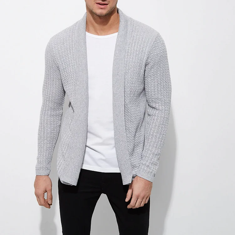 Fine Gray Color Cable Knit Open Front Cardigan Men