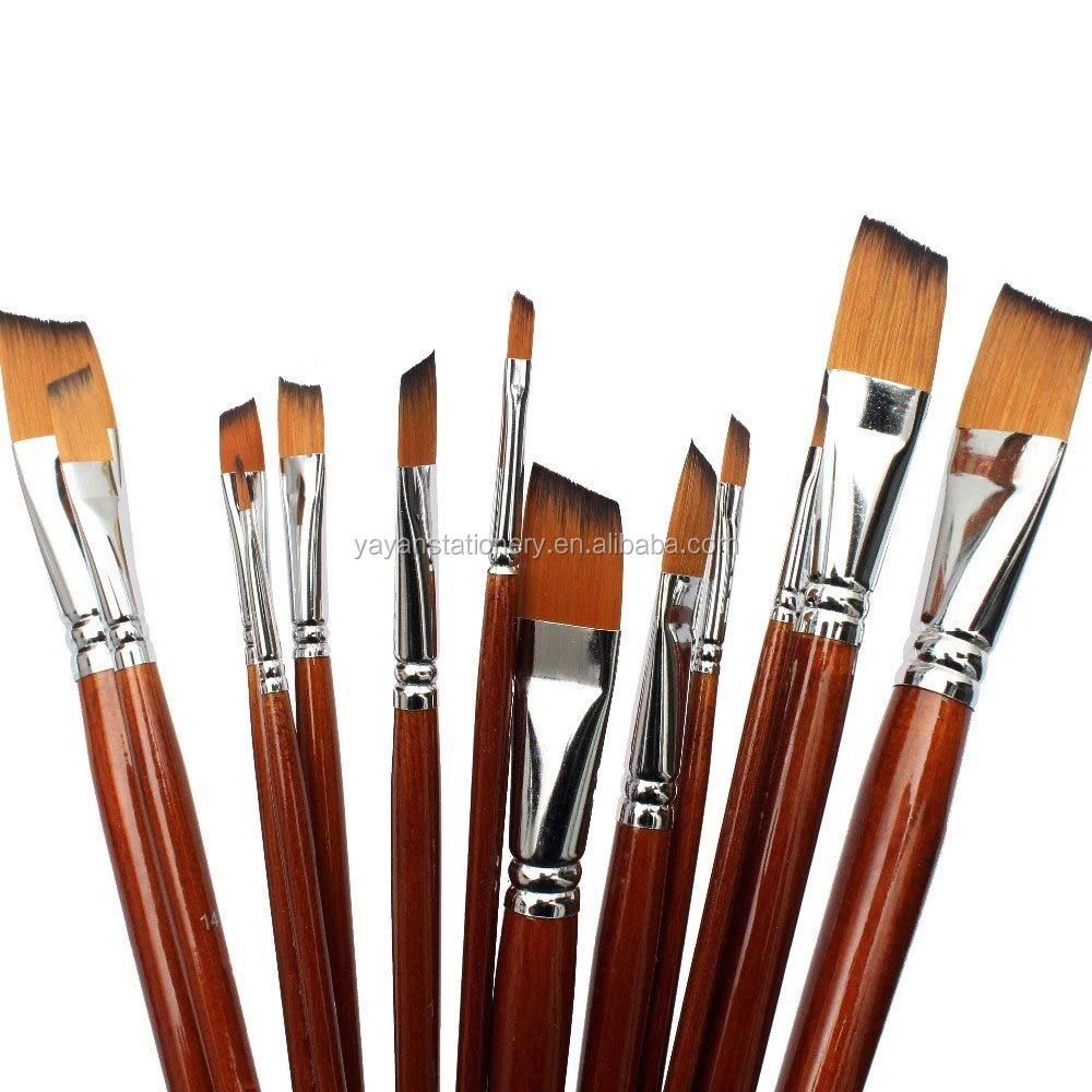 13PCS Multi Bi color Synthetic Nylon Hair Shape Short Yellow Wooden Handle Acrylic Paint Brush Set,Watercolor Oil Paint Brushes