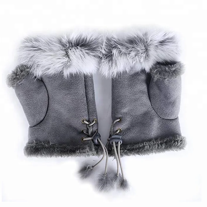 2018 зимняя грелка для рук из кроличьего меха кожаные женские замшевые варежки без пальцев женские зимние перчатки на запястье