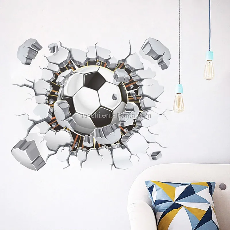 Football Soccer ball through the wall wall decals room decor 3d wall stickers kids boys room decoration