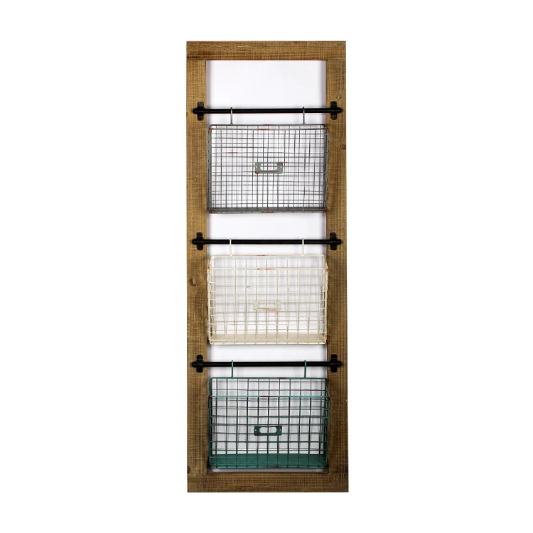 Office wood and metal mesh grid folder hanging document mail storage holder rack wall mount file organizer