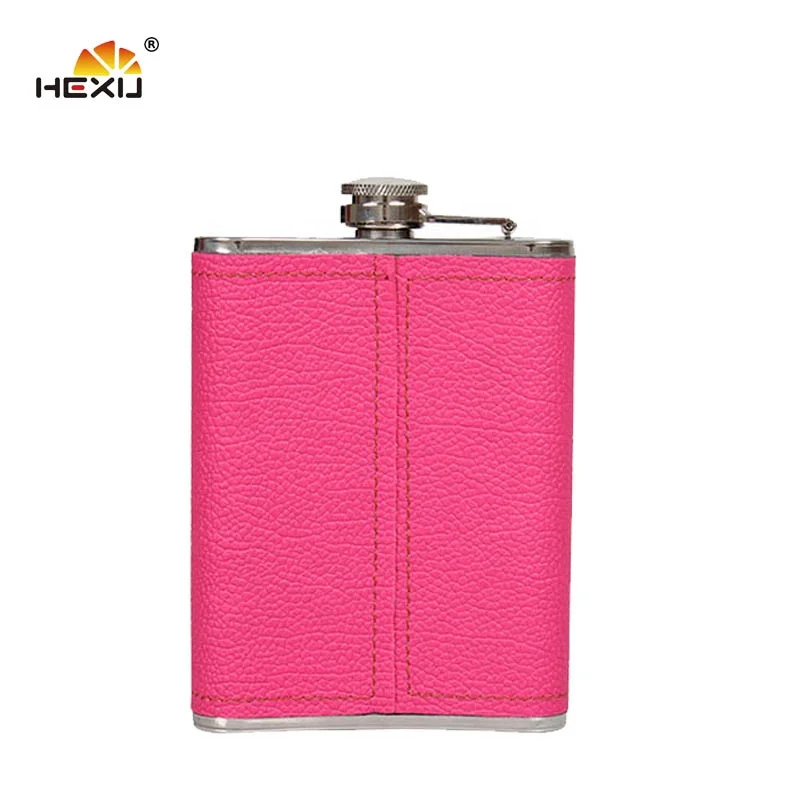 7oz stainless steel pink leather pouch glitter hip flask