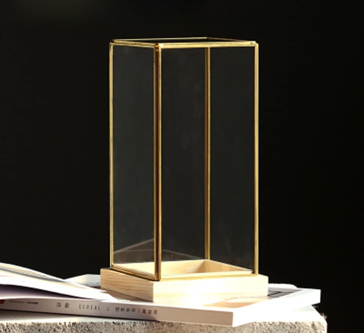 Hot selling Acrylic Desktop Decorative Square Gold Geometric Terrarium With Wooden Base