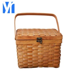 Квадратная бамбуковая корзина ручной работы, плетеная корзина для хранения, Бамбуковая Корзина для пикника с крышкой