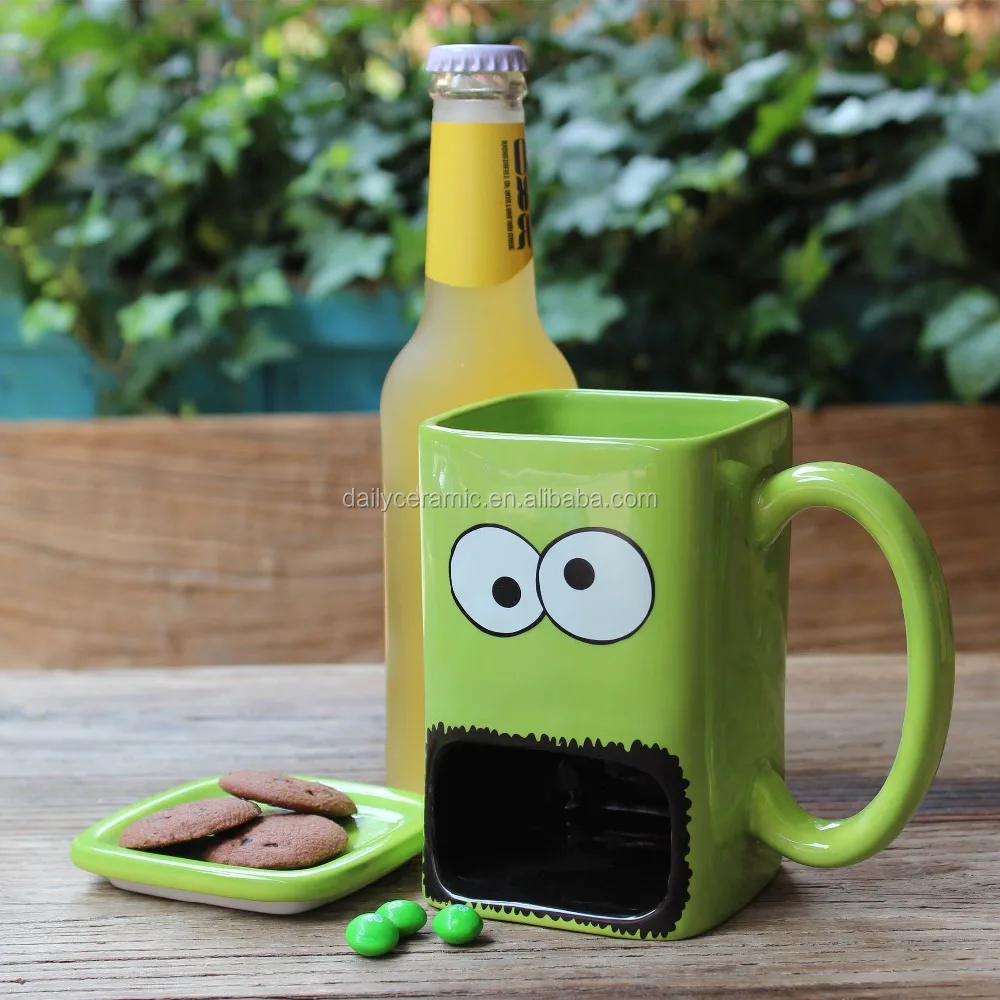 Promotional Logo Printed China Coffee Mug With Cookie Holder Square Ceramic mug with big mouth