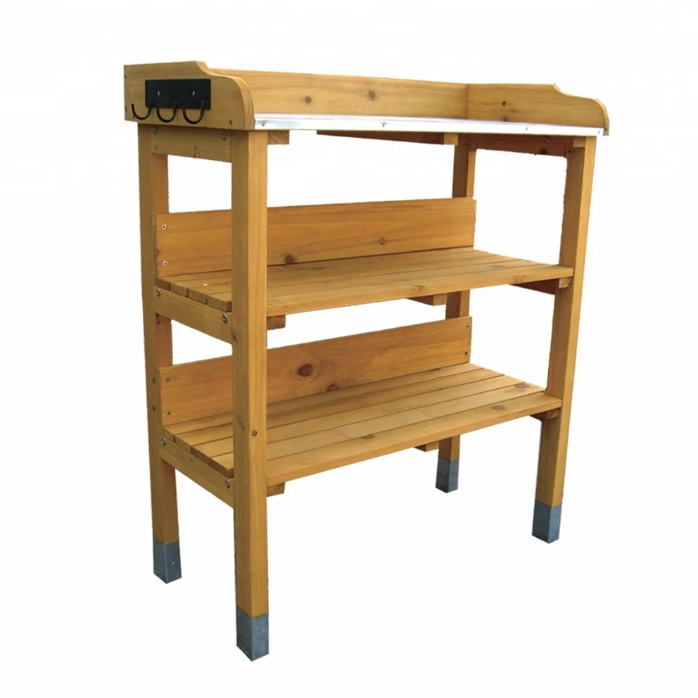 Galvanized potting bench metal potting bench weather resistant cypress wood garden potting table bench with metal