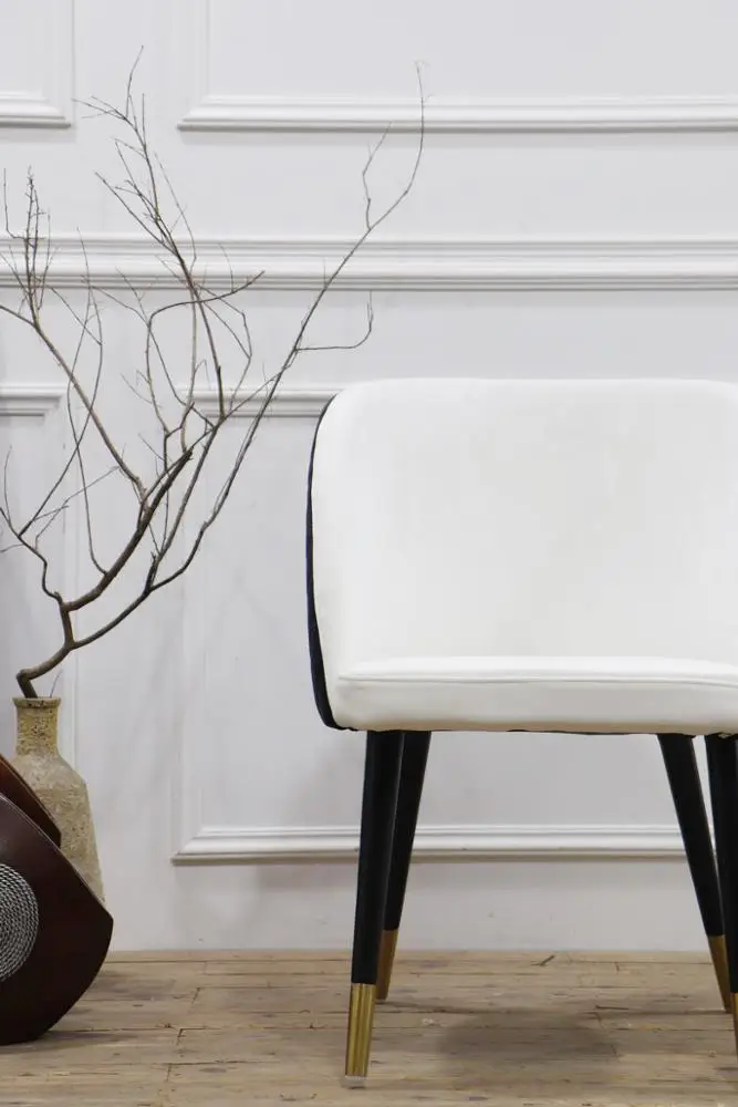 black and white velvet fabric modern dinning chair with gold brass button legs