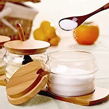 Glass Condiment Jars with bamboo tray and wood spoon for  sugar bowls, tea storage, holding dressings, dipping, salad bar servin