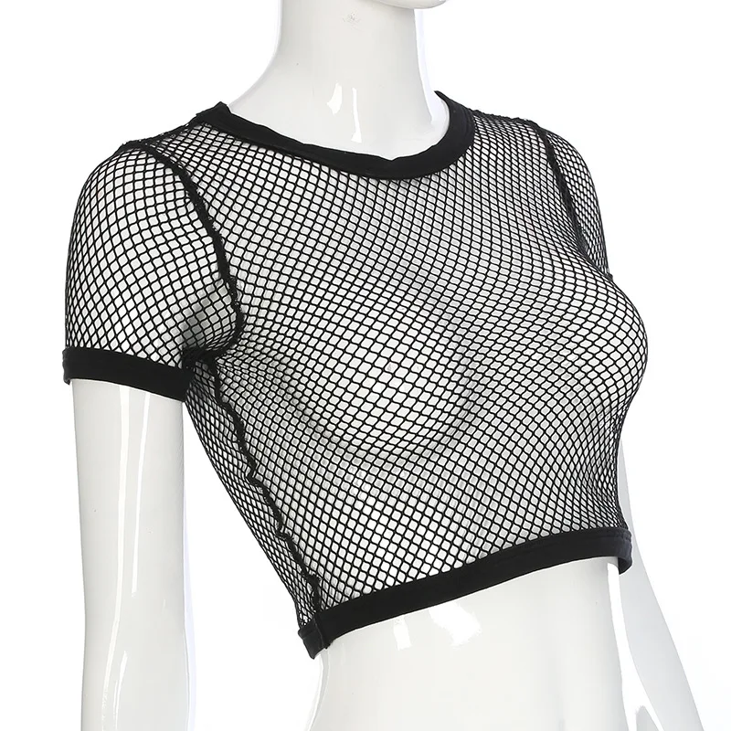 ZH3592G Sexy Black Mesh Women Crop Tops Wholesale O Neck Short Sleeves Short Fashion Girls T Shirts Transparent Blouses