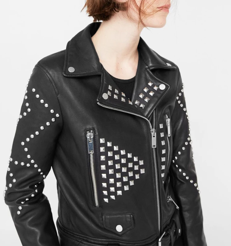 Wholesale Custom Punk Studded Biker Faux Leather Jacket Women