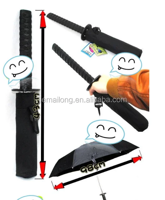 3 Folds Samurai sword umbrella black fabric fiber frame umbrella with long ancient hilt handle with shoulder girdle sleeve