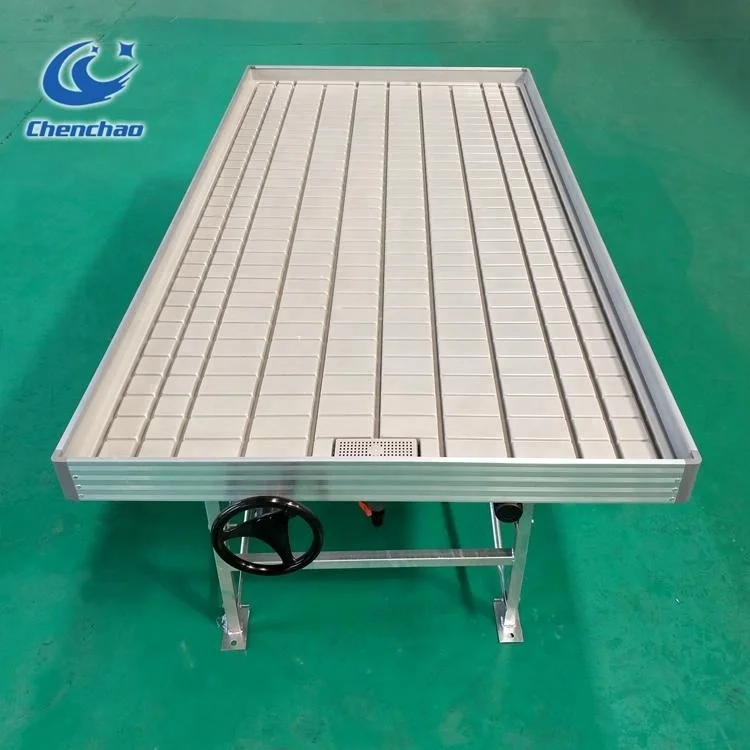 manually controlled single-span ebb and flow greenhouse bench for agriculture