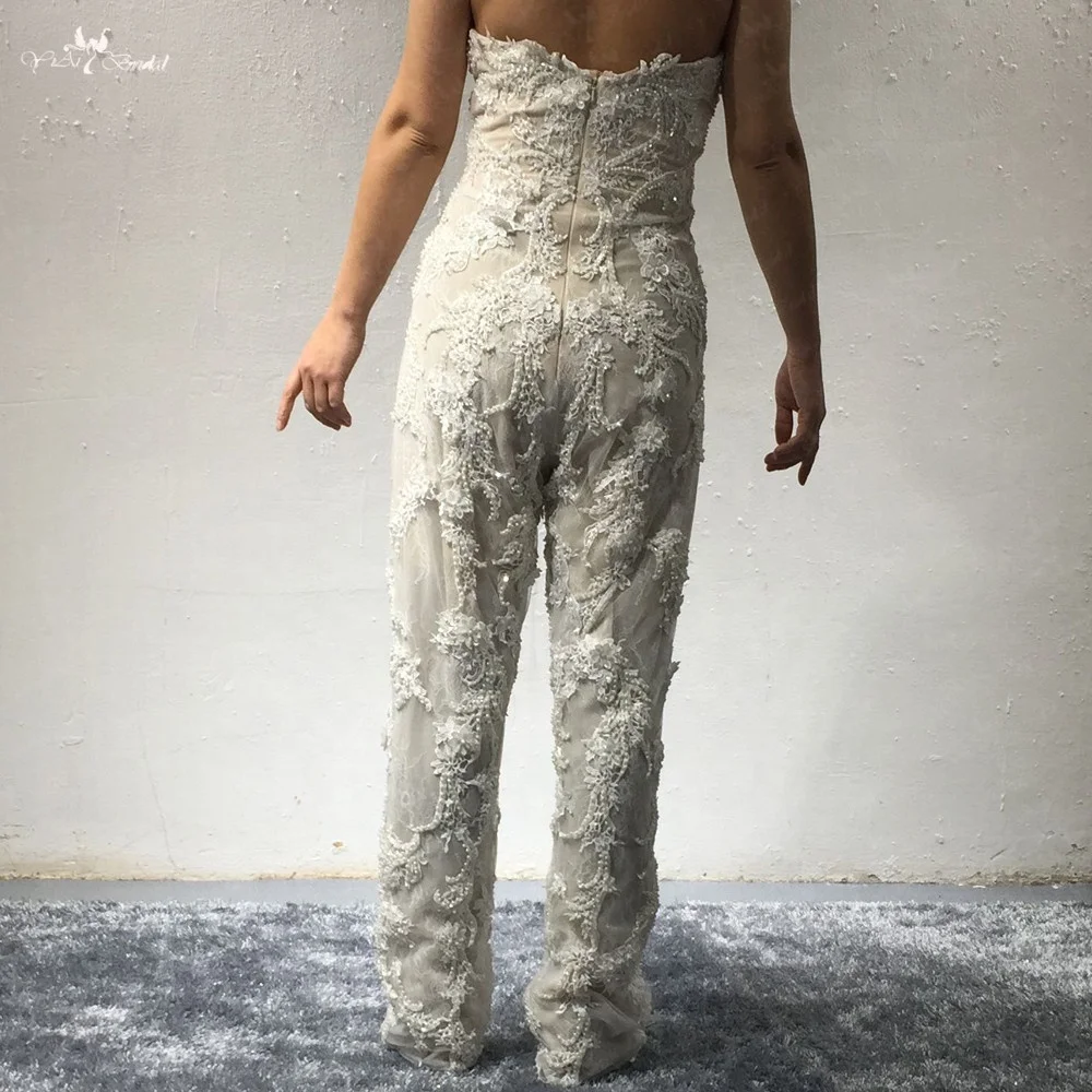 LZ286 Detachable Long Train Satin Wedding Dress Sweetheart Neckline Beaded Lace Luxury Dress 3-D Flowers Jumpsuit Women