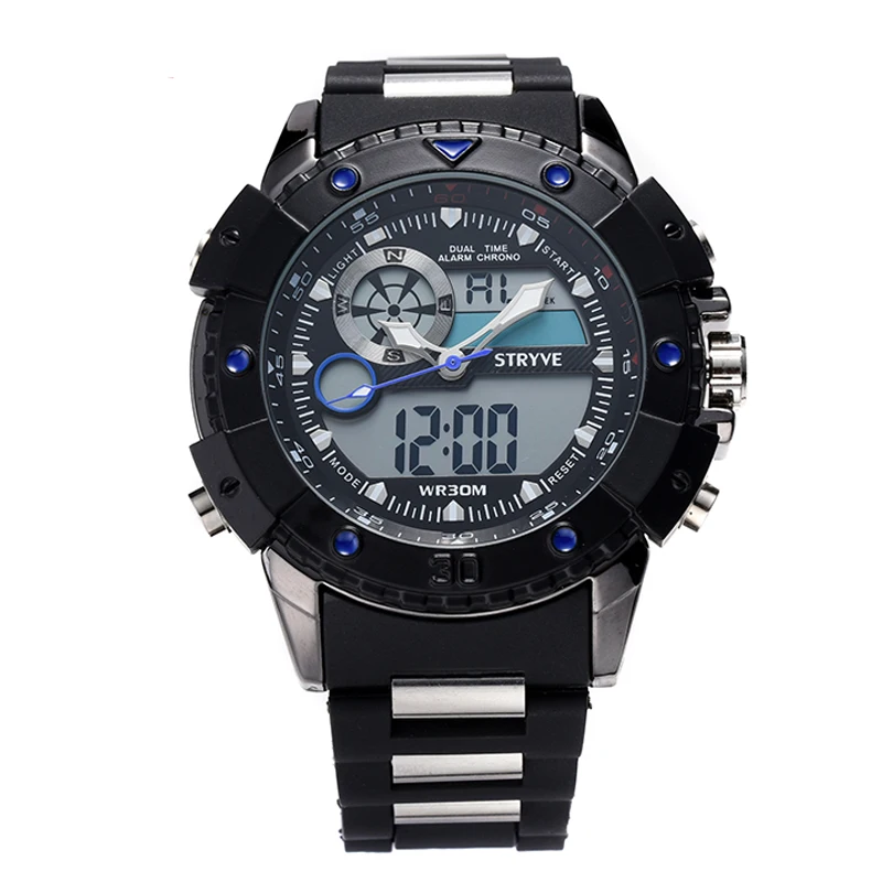 Multifunction Sports Watch Men Big Dial Stryve Brand Luxury Double Time Waterproof Dive Quartz Analog Digital Led Watch