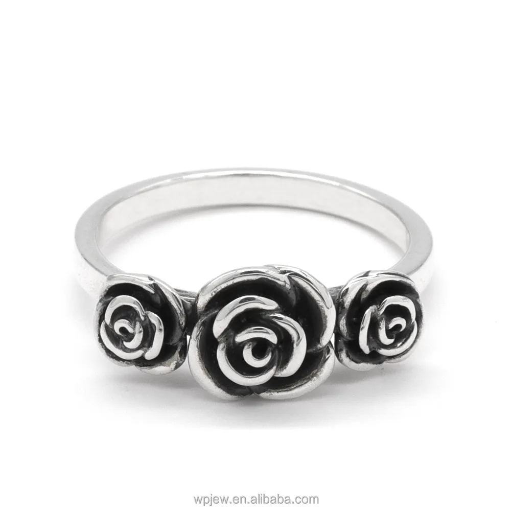 925 Sterling Silver Oxidized Three Black Rose Flower Fashion Wedding Ring Jewelry for Women