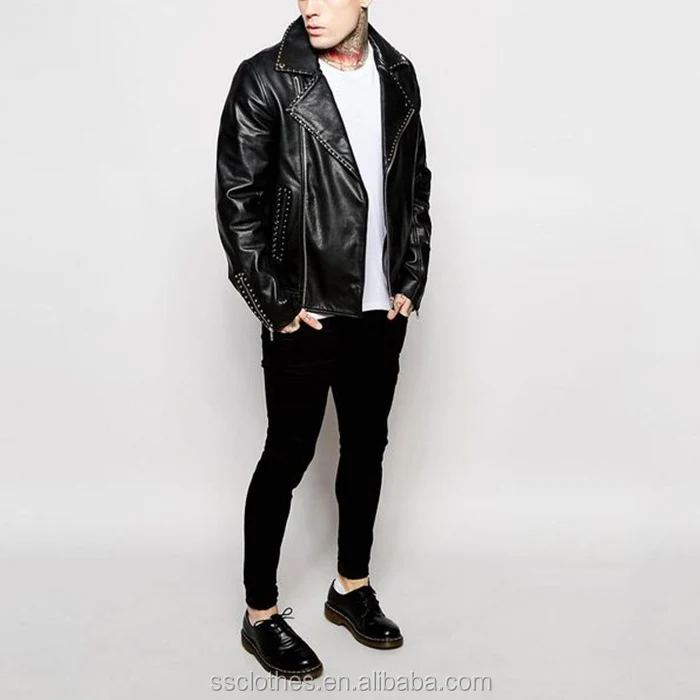 
New design mens studded embellishment leather biker jacket wholesale 