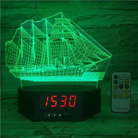 
Night Light 3D Acrylic 7 Color Change Remote Control Clock Calendar USB Sailboat Button Desk Lamp 