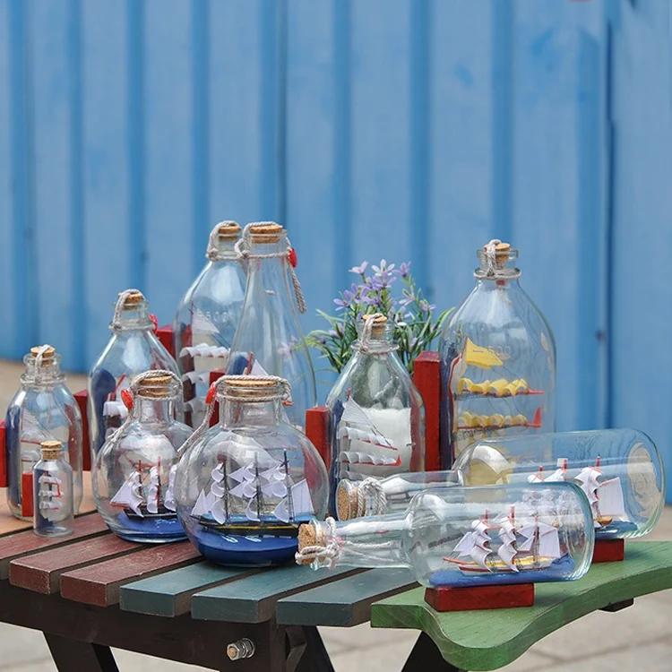 Sailing Boat in Drift Bottle Mediterranean Glass Pirate Ship Wishing Bottle