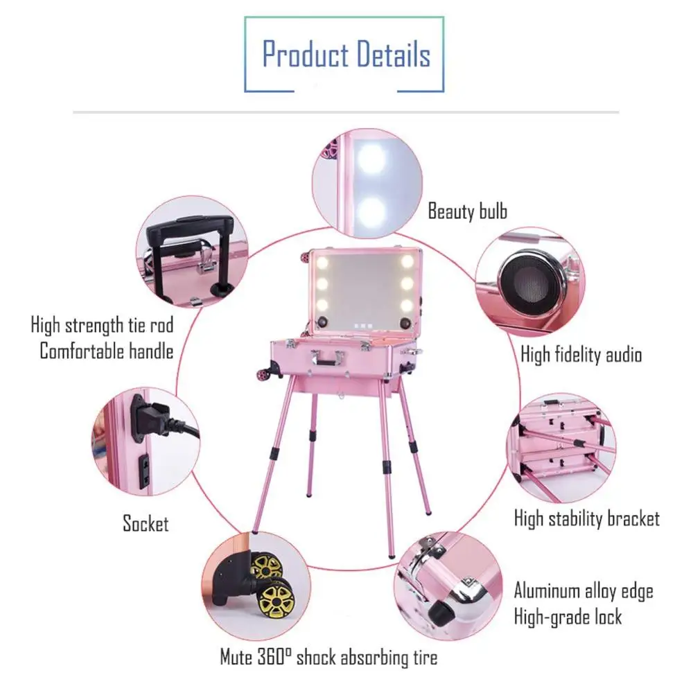 Big Type LED Multimedia Makeup Box Speakers professional large rolling trolley aluminum cosmetic case