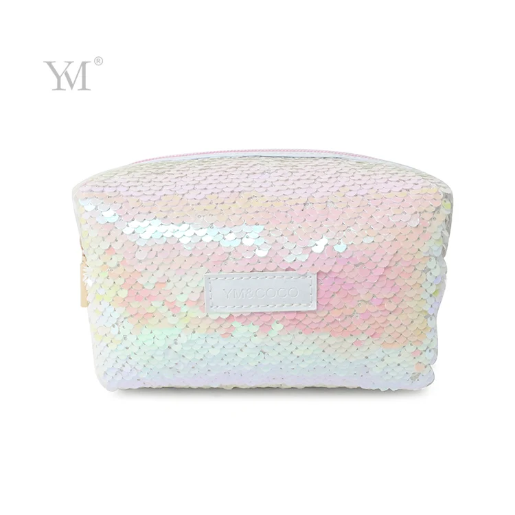 Customized logo ladies travel make up brush cute small magic reversible glitter sequin makeup pouch with mirror