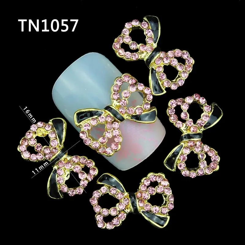 10Pcs Pack Glitter Black Gold Bow 3D Pink Rhinestones For Nail Art Decorations On Gel Polish