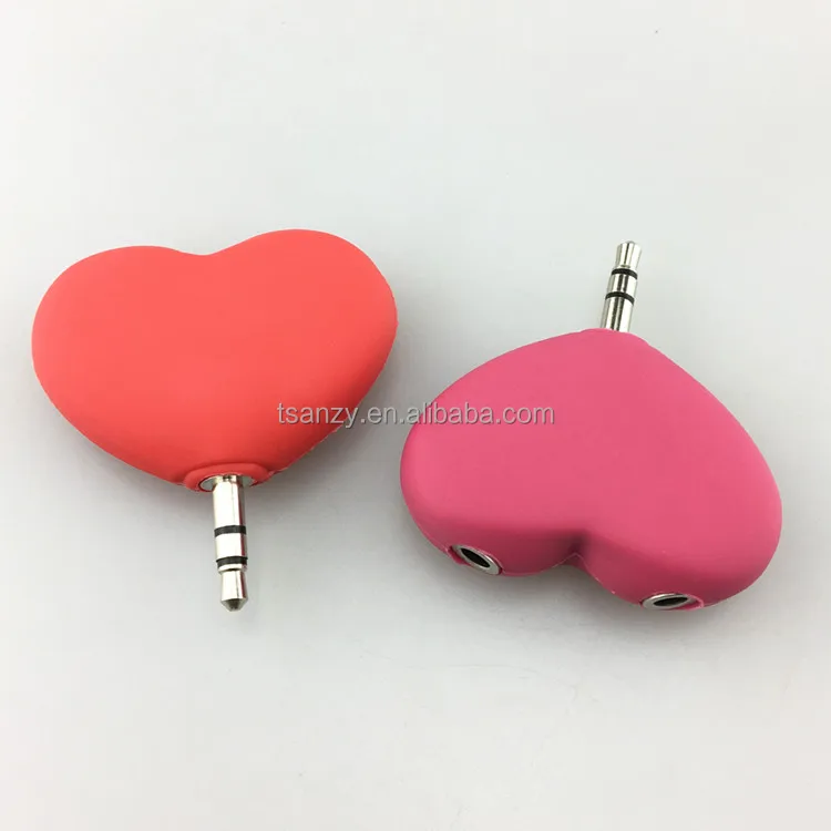 Custom printing logo 2 way heart shaped headphone earphone splitter