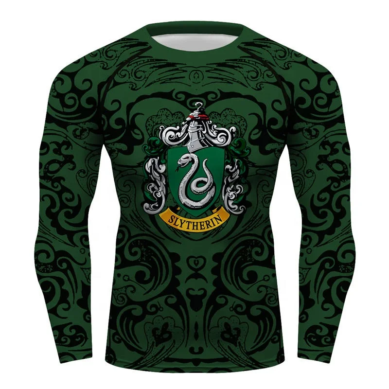 HP Hogwarts Slytherin Crests Printed Men Compression Baselayer Athletic Workout T Shirts Men Sports Running Gym Tee Tight Top