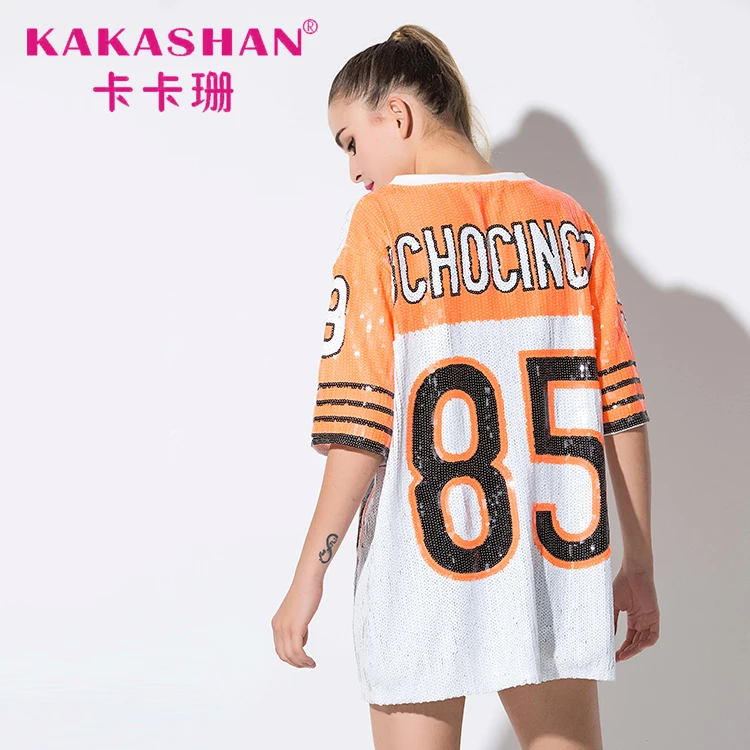 
New Female Half Sleeve Sequins T Shirt Hip Hop Dance Costumes 