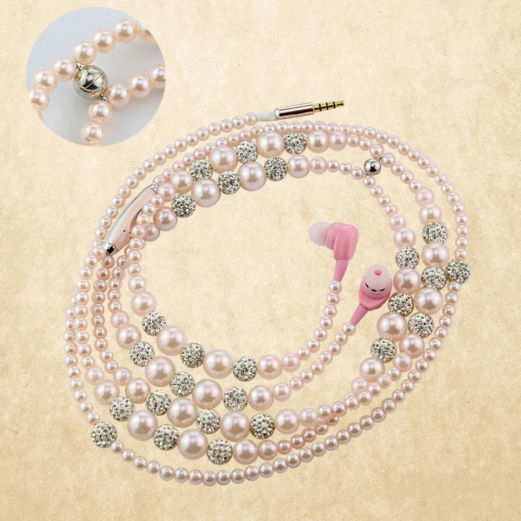 
The latest design fashion jewelry pearl necklace headphones and microphone 3.5 mm in-ear wired magnetic headphones 