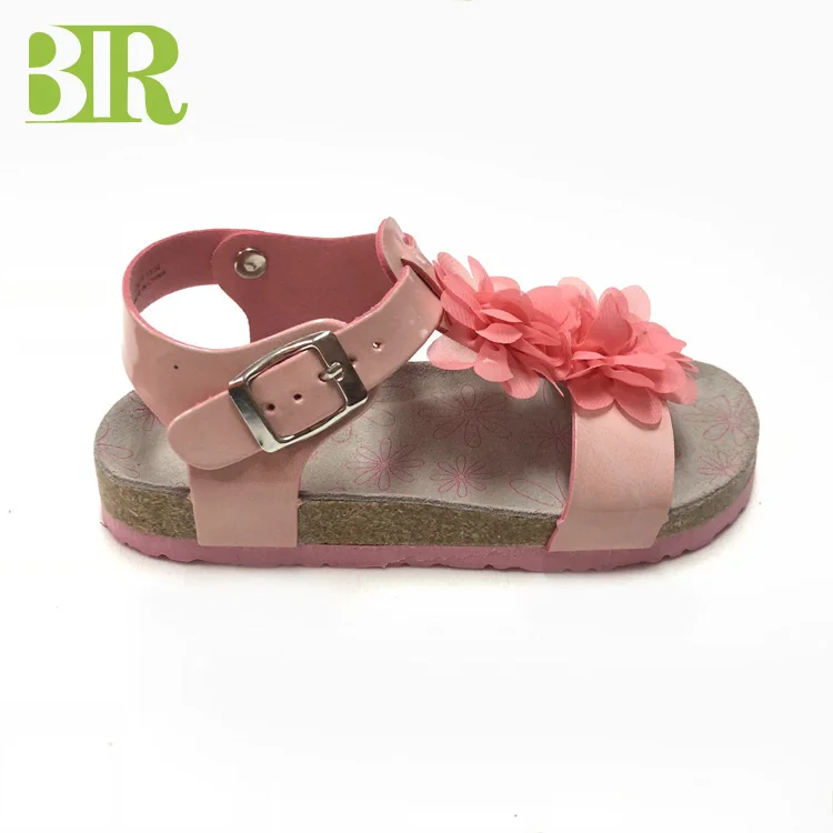 New design pu upper flower decorated cork sole girls sandals for children