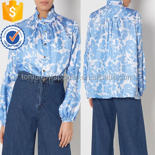 Blue & White Floral Printed Silk Satin Blouse Manufacture Wholesale Fashion Women Apparel (TA4044B)
