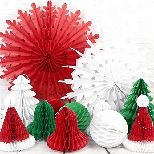 Mery Christmas Decorations Paper Honeycomb Tree, Ball, Bell,Hat & Snowflake Fan Honeycomb Decorations