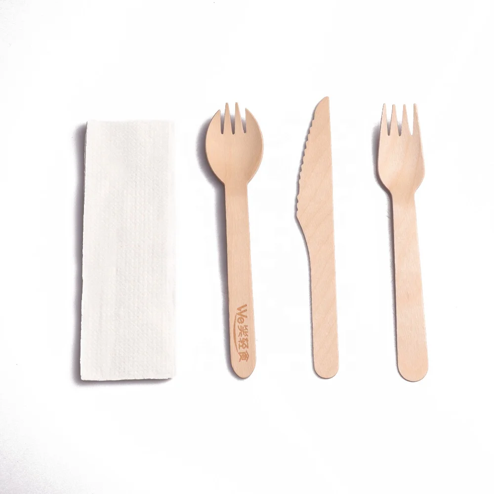 Individual Plastic Bag Packing Wooden Spork Fork Knife Set