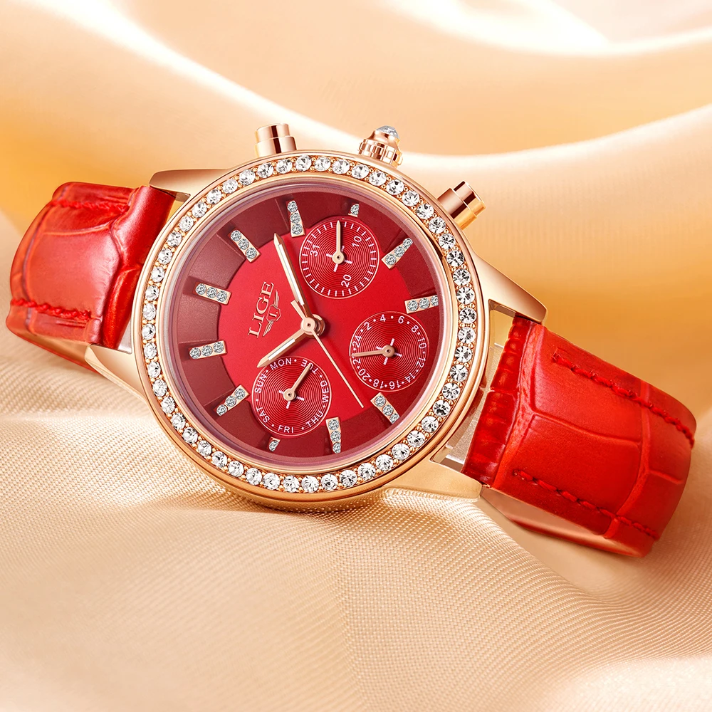 LIGE Luxury Brand Women Dress Watches Ladies Waterproof Leather Quartz Watch Woman Fashion Diamond watches