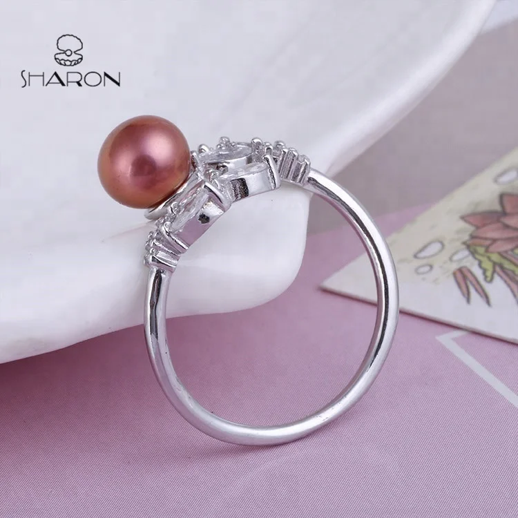 Wholesale  Leaves Jewelry Sterling Silver Adjustable Girl Real Freshwater Pear Crystal  Ring