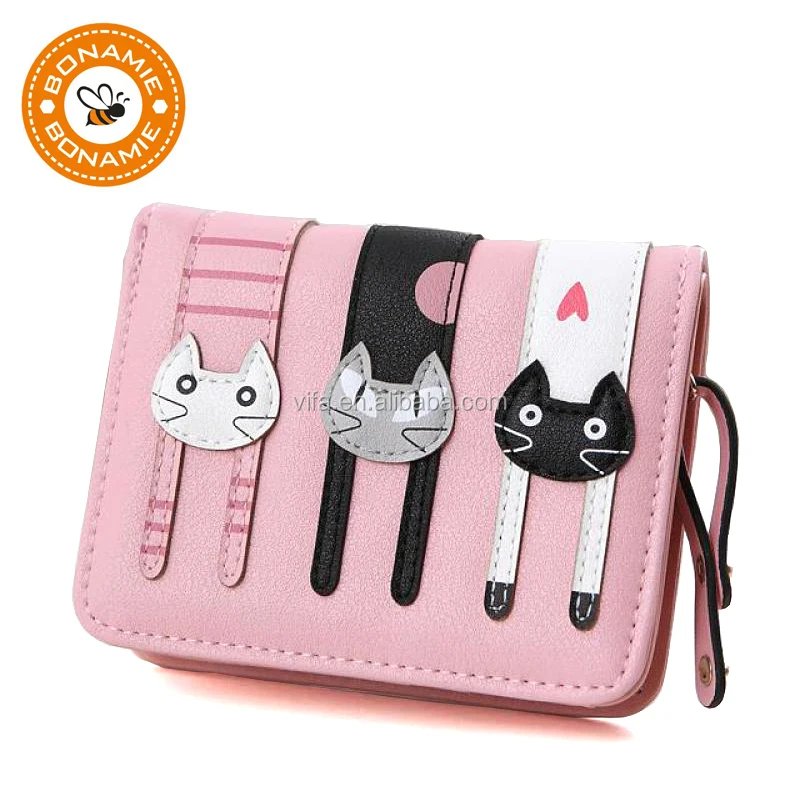 BONAMIE Women Cute PU Leather Hasp Cartoon Lovely Cat Short Wallet Animal Change Purse Card Holder Girls Fashion Clutch Wallet