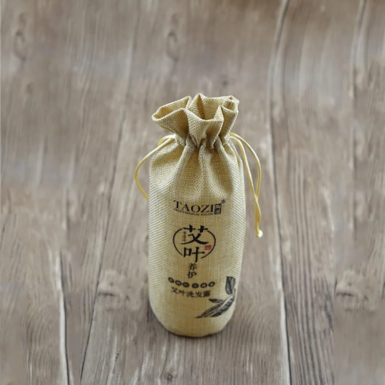 Popular Fashion Custom Logo Printing Party Wedding Favor Gift Bag Round Bottle Jute Drawstring Bag