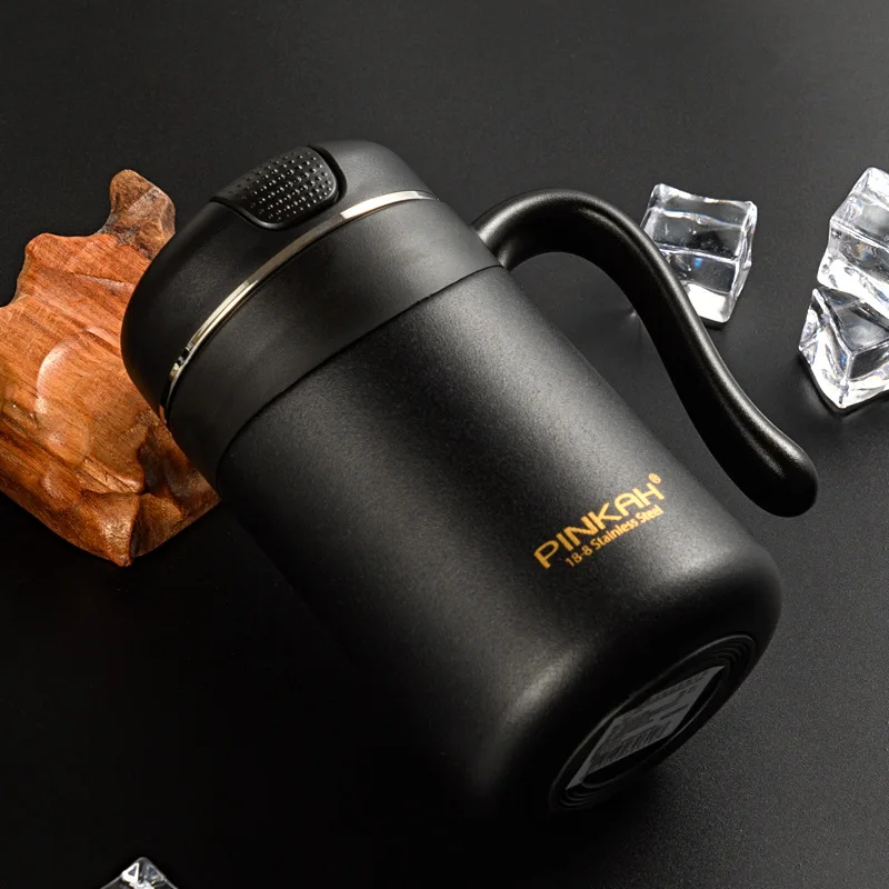 PINKAH new launched 380ml leakproof powder coated double wall insulated vacuum stainless steel mug with handle and tea filter