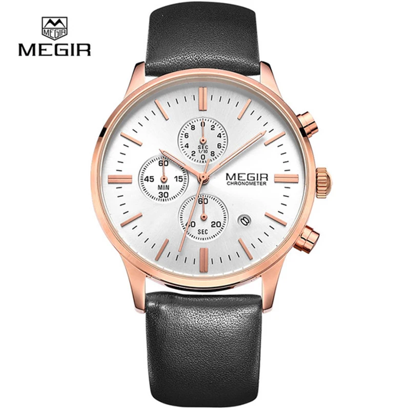 New Male Wrist Watches Business Date Chronograph Hour Clock Genuine Leather Strap Simple Quartz Men Luxury Megir 2011 Watch