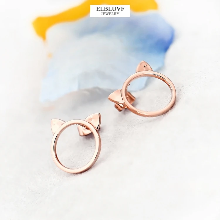 
ELBLUVF Free Shipping Stainless Steel 18K Rose Gold Plated Animal Cat Ears Cat Stud Earrings Jewelry 