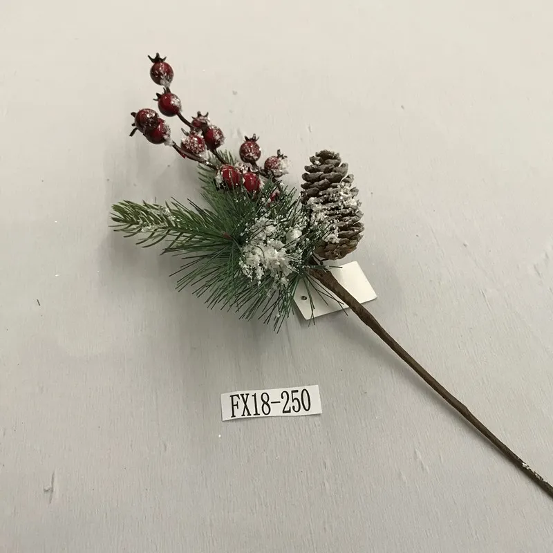 snowy Christmas floral picks with red berry and pine cone