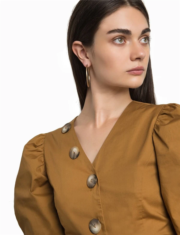 
Cheap Price Women Retro Puffy Sleeve Brown Oversize Buttons Short Blouses Cotton Shirts 